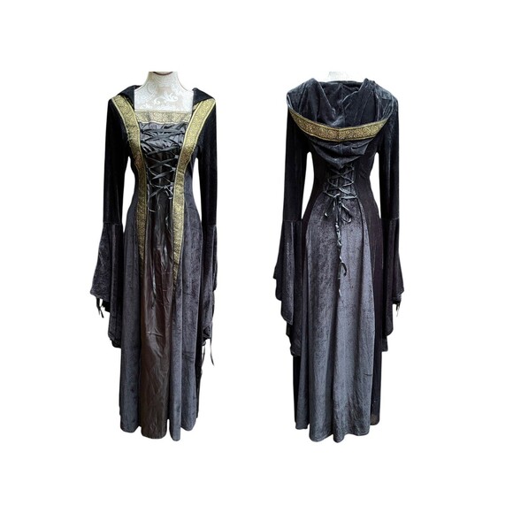 Medieval Renaissance Hooded Gown Black Velour Gold Trim Lace Up Bodice Size M - Picture 2 of 13